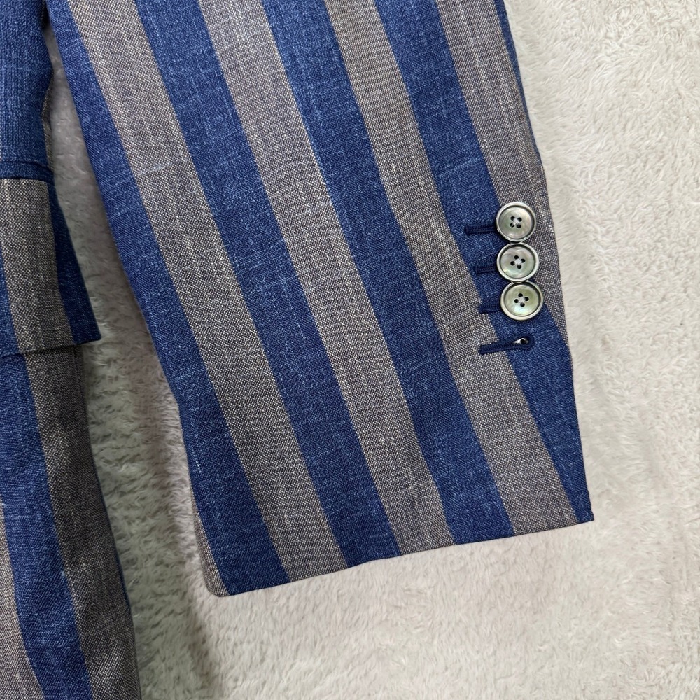Leonard Logsdail Bespoke Mens 42S Striped Linen Blue Grey Custom Fit Sport Coat - Picture 3 of 13